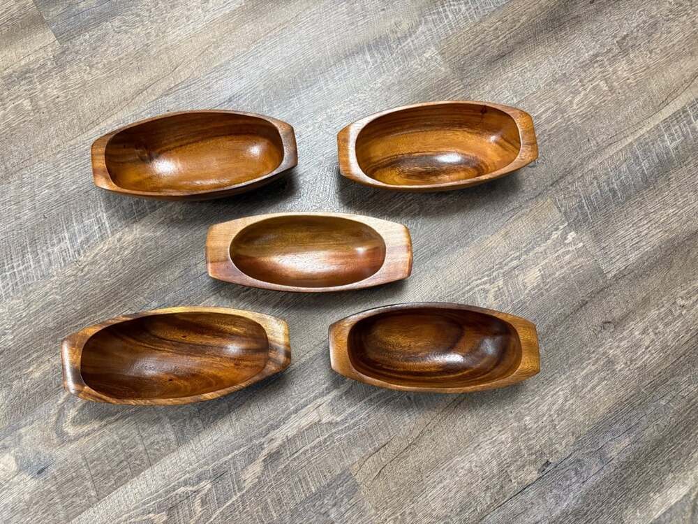 Vintage Monkey Pod Wood Oval Serving Bowls (Set of 5) Hawaii Handmade Handcarved